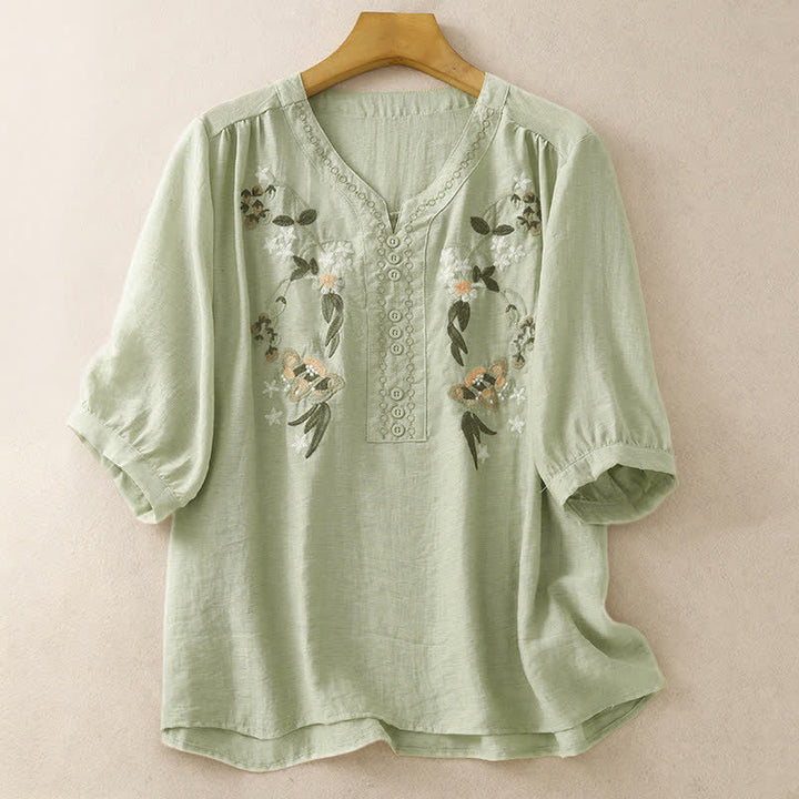 Buddha Stones Camicia da donna estiva a maniche corte con ricami floreali in stile boho. - Verde Mare Scuro - US8-10, UK/AU12-14, EU40-42 (2XL) - image 0