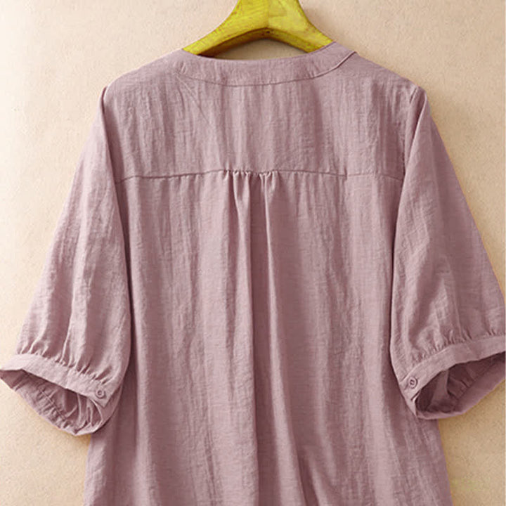 Buddha Stones Camicia da donna estiva a maniche corte con ricami floreali in stile boho. - image 8