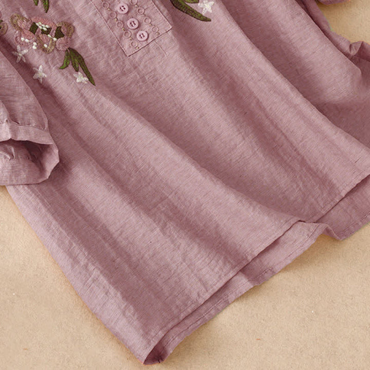 Buddha Stones Camicia da donna estiva a maniche corte con ricami floreali in stile boho. - image 12