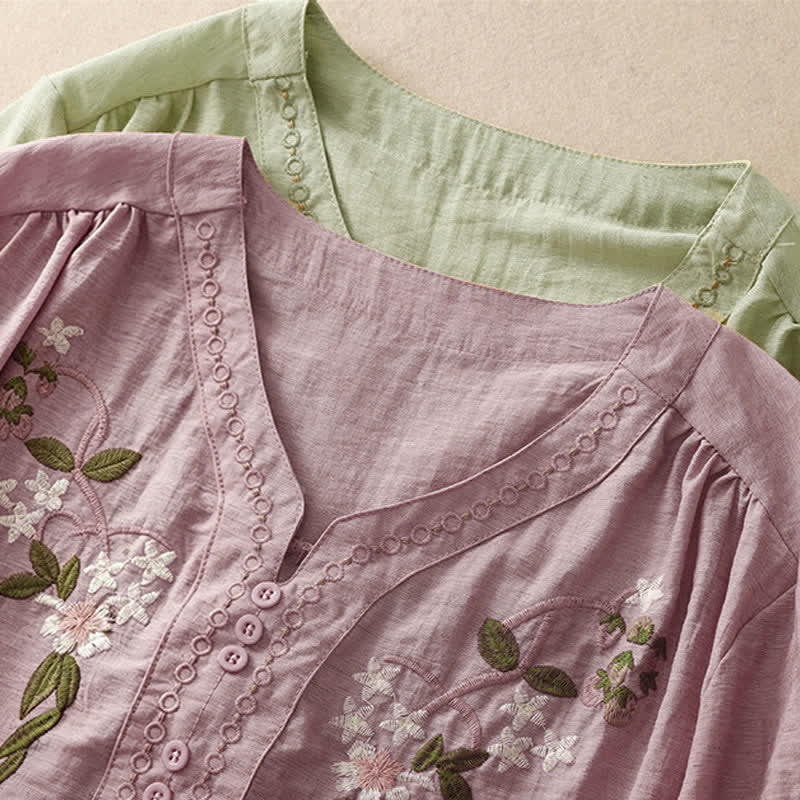 Buddha Stones Camicia da donna estiva a maniche corte con ricami floreali in stile boho. - image 18