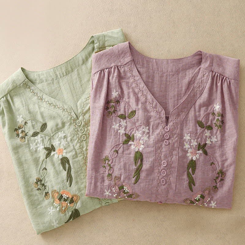 Buddha Stones Camicia da donna estiva a maniche corte con ricami floreali in stile boho. - image 17