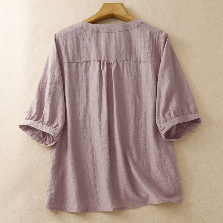 Buddha Stones Camicia da donna estiva a maniche corte con ricami floreali in stile boho. - image 7