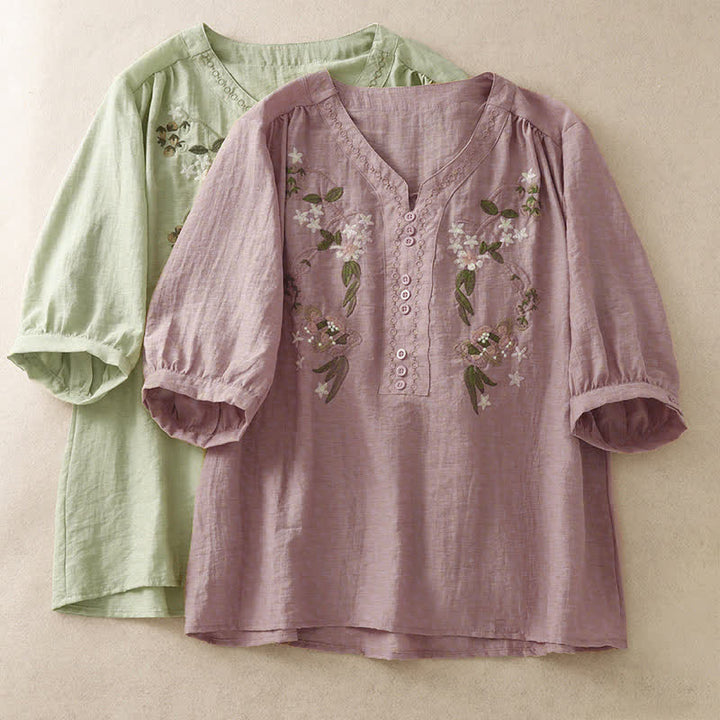 Buddha Stones Camicia da donna estiva a maniche corte con ricami floreali in stile boho. - image 16