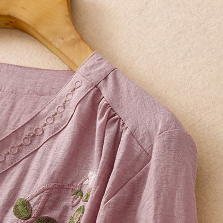 Buddha Stones Camicia da donna estiva a maniche corte con ricami floreali in stile boho. - image 9