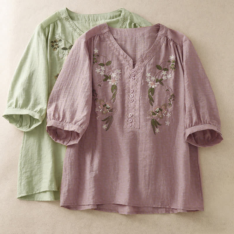 Buddha Stones Camicia da donna estiva a maniche corte con ricami floreali in stile boho. - image 16