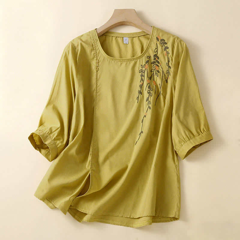 Buddha Stones T-shirt da donna a maniche corte, girocollo, con ricamo floreale, ideale per l'estate. - Verga d'oro pallida - US14, UK/AU18, EU46 (4XL) - image 6