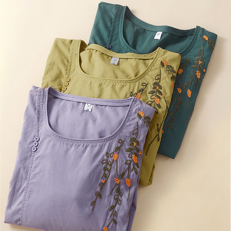 Buddha Stones T-shirt da donna a maniche corte, girocollo, con ricamo floreale, ideale per l'estate. - image 16