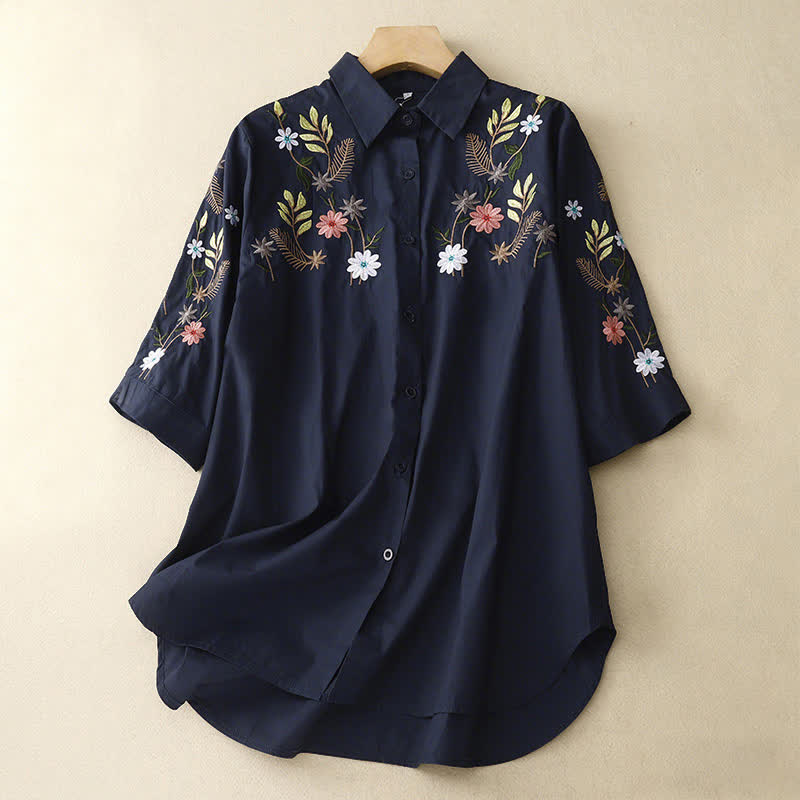 Buddha Stones Camicia da donna a maniche corte in stile boho con ricami floreali, ideale per la primavera/estate. - Blu notte - US8-10, UK/AU12-14, EU40-42 (2XL) - image 0