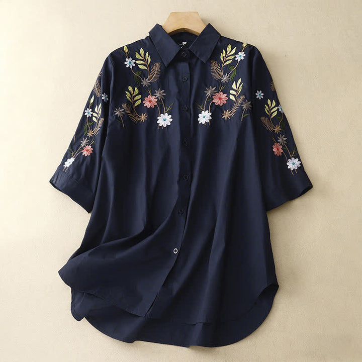 Buddha Stones Camicia da donna a maniche corte in stile boho con ricami floreali, ideale per la primavera/estate. - Blu notte - US8-10, UK/AU12-14, EU40-42 (2XL) - image 0
