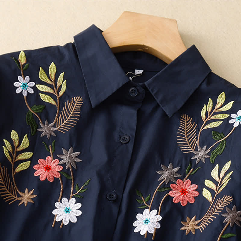 Buddha Stones Camicia da donna a maniche corte in stile boho con ricami floreali, ideale per la primavera/estate. - image 1