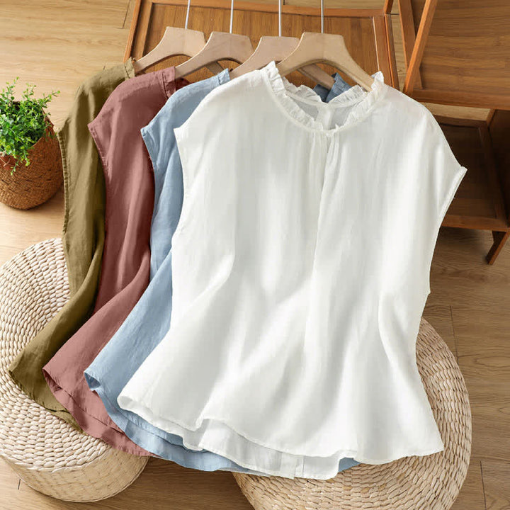 Buddha Stones Camicia da donna estiva casual senza maniche con colletto a balze e chiusura posteriore con bottoni, tinta unita. - image 25