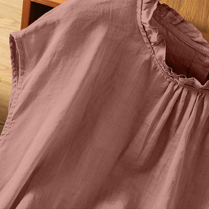 Buddha Stones Camicia da donna estiva casual senza maniche con colletto a balze e chiusura posteriore con bottoni, tinta unita. - image 10