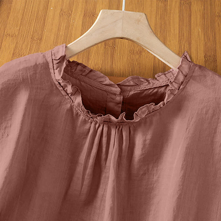 Buddha Stones Camicia da donna estiva casual senza maniche con colletto a balze e chiusura posteriore con bottoni, tinta unita. - image 8