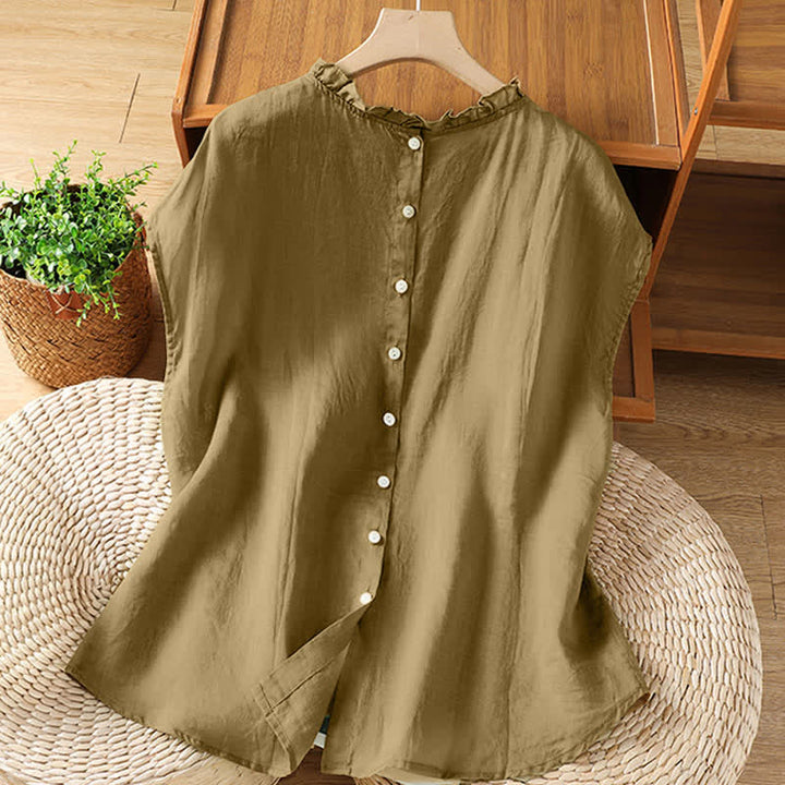 Buddha Stones Camicia da donna estiva casual senza maniche con colletto a balze e chiusura posteriore con bottoni, tinta unita. - image 20