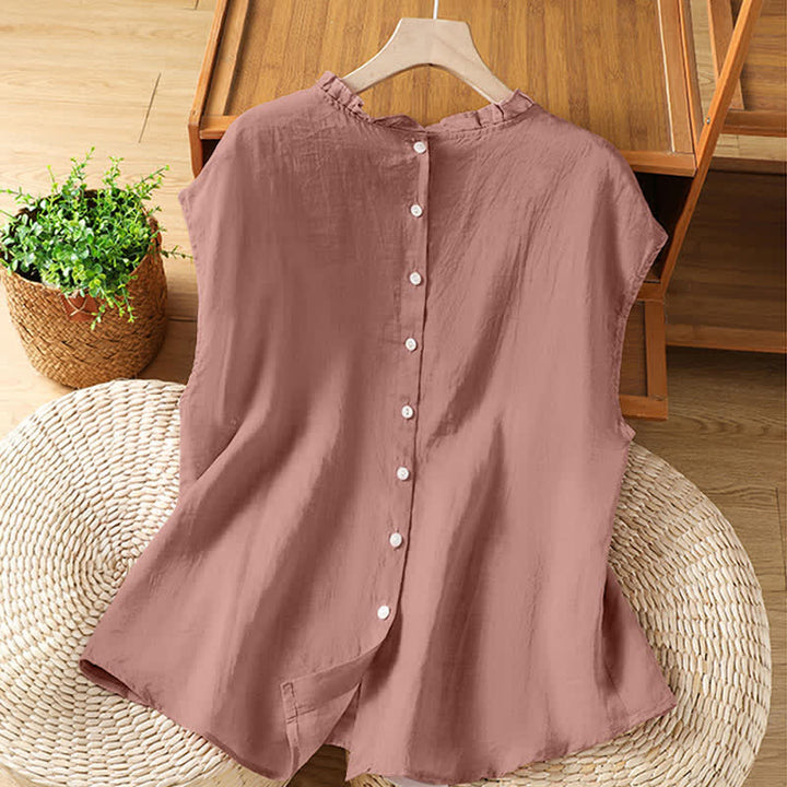 Buddha Stones Camicia da donna estiva casual senza maniche con colletto a balze e chiusura posteriore con bottoni, tinta unita. - image 7