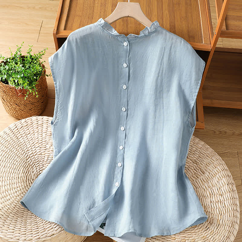 Buddha Stones Camicia da donna estiva casual senza maniche con colletto a balze e chiusura posteriore con bottoni, tinta unita. - image 1