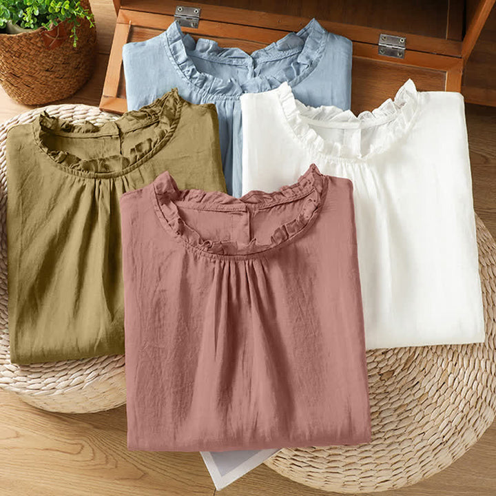 Buddha Stones Camicia da donna estiva casual senza maniche con colletto a balze e chiusura posteriore con bottoni, tinta unita. - image 26