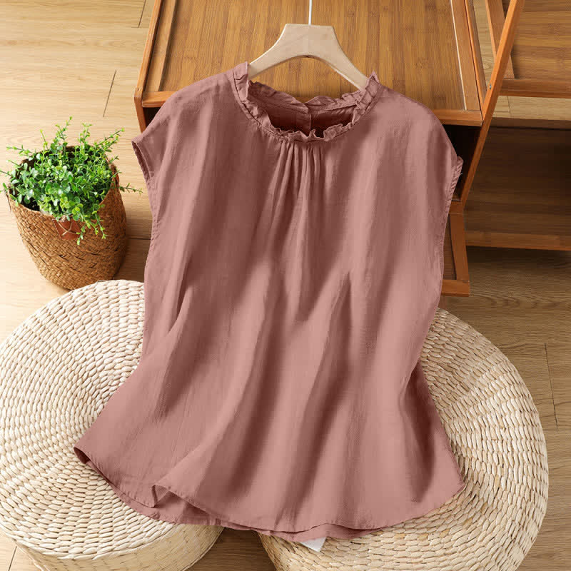 Buddha Stones Camicia da donna estiva casual senza maniche con colletto a balze e chiusura posteriore con bottoni, tinta unita. - Marrone rosa - US8-10, UK/AU12-14, EU40-42 (2XL) - image 6