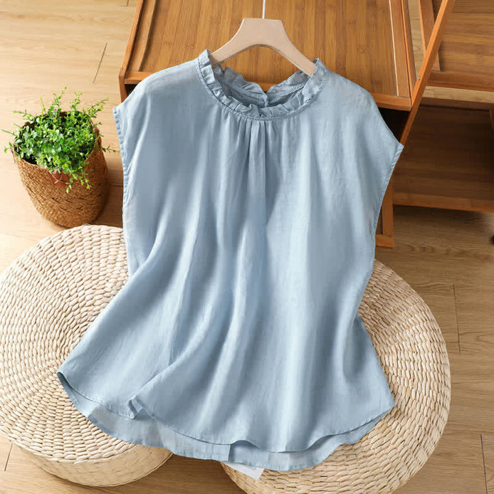 Buddha Stones Camicia da donna estiva casual senza maniche con colletto a balze e chiusura posteriore con bottoni, tinta unita. - Blu acciaio chiaro - US8-10, UK/AU12-14, EU40-42 (2XL) - image 0