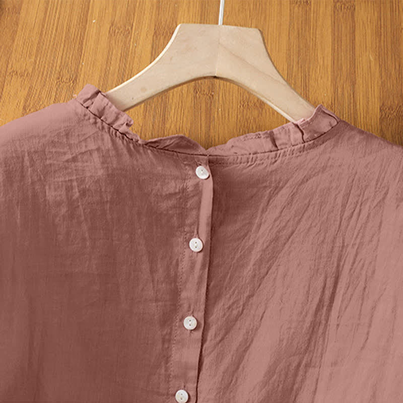 Buddha Stones Camicia da donna estiva casual senza maniche con colletto a balze e chiusura posteriore con bottoni, tinta unita. - image 9