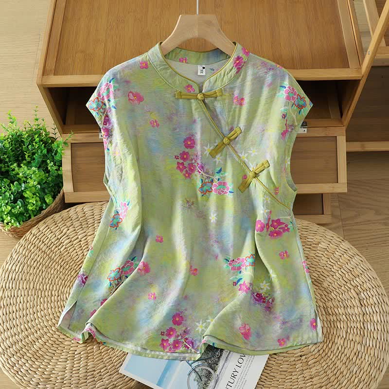 Buddha Stones Camicetta estiva elegante da donna senza maniche con colletto alla coreana, spacco laterale e stampa floreale. - GialloVerde - US14, UK/AU18, EU46 (2XL) - image 10
