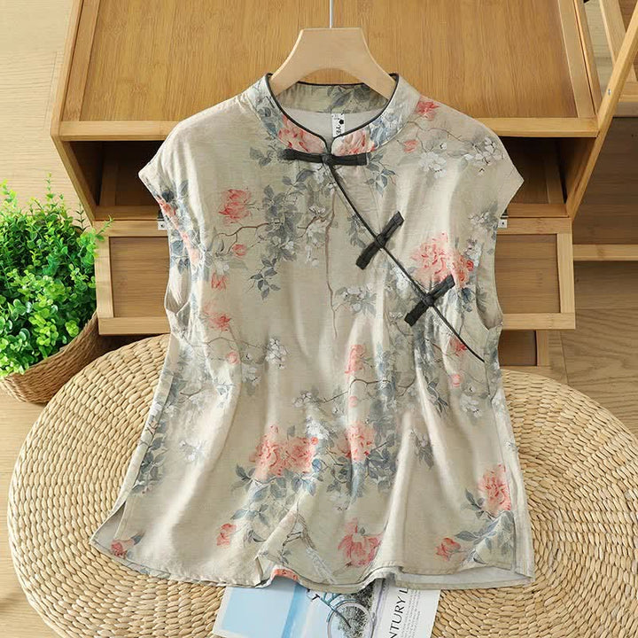 Buddha Stones Camicetta estiva elegante da donna senza maniche con colletto alla coreana, spacco laterale e stampa floreale. - Beige - US14, UK/AU18, EU46 (2XL) - image 0