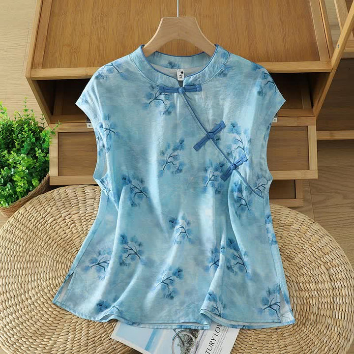 Buddha Stones Camicetta estiva elegante da donna senza maniche con colletto alla coreana, spacco laterale e stampa floreale. - Azzurro polvere - US14, UK/AU18, EU46 (2XL) - image 5