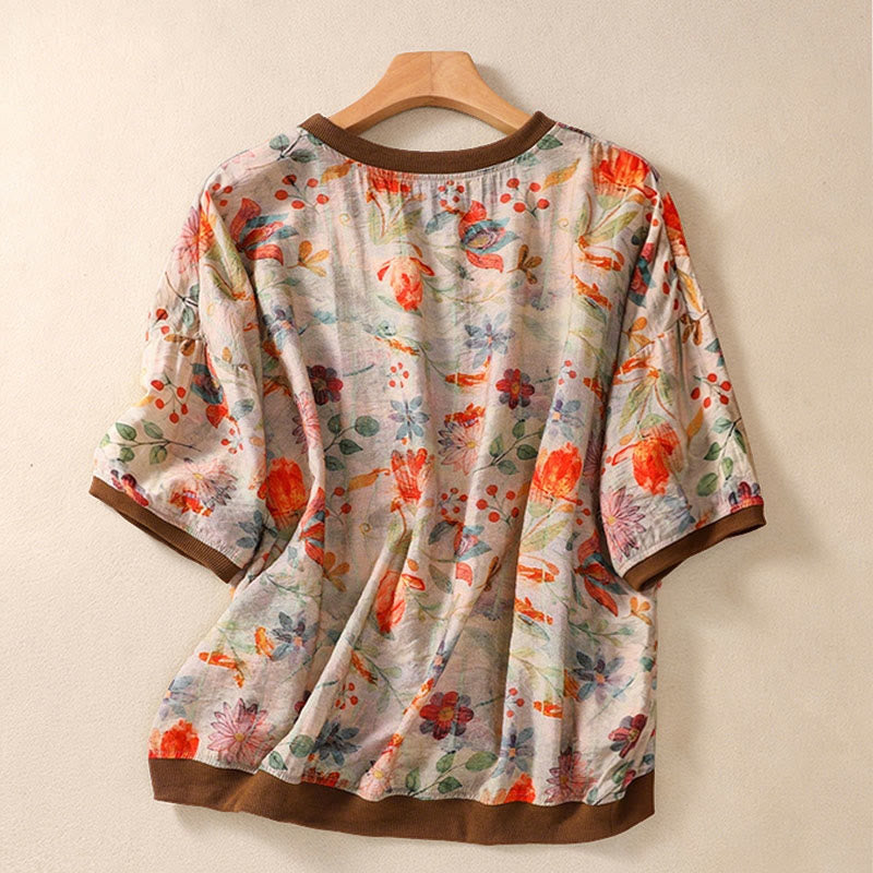Buddha Stones T-shirt da donna a maniche corte con scollo rotondo e stampa floreale, stile vintage estivo. - image 1