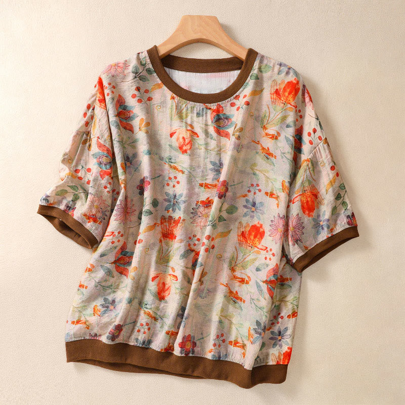 Buddha Stones T-shirt da donna a maniche corte con scollo rotondo e stampa floreale, stile vintage estivo. - Grano - US14, UK/AU18, EU46 (2XL) - image 0