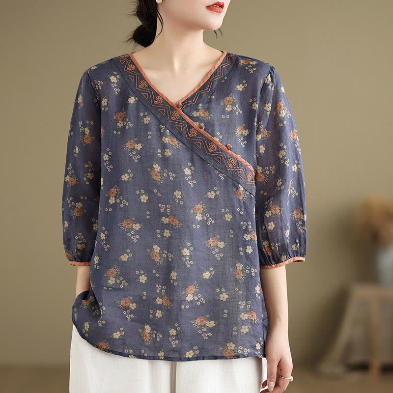 Buddha Stones Camicie estive vintage da donna con scollo a V e maniche a tre quarti, a fantasia floreale. - Blu ardesia scuro - US8-10, UK/AU12-14, EU40-42 (2XL) - image 0