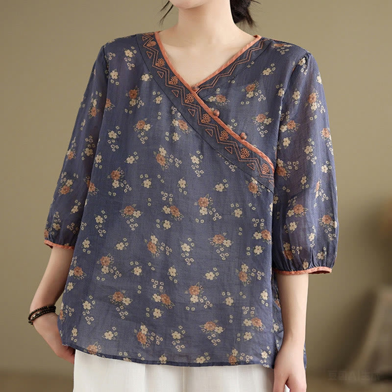Buddha Stones Camicie estive vintage da donna con scollo a V e maniche a tre quarti, a fantasia floreale. - image 1