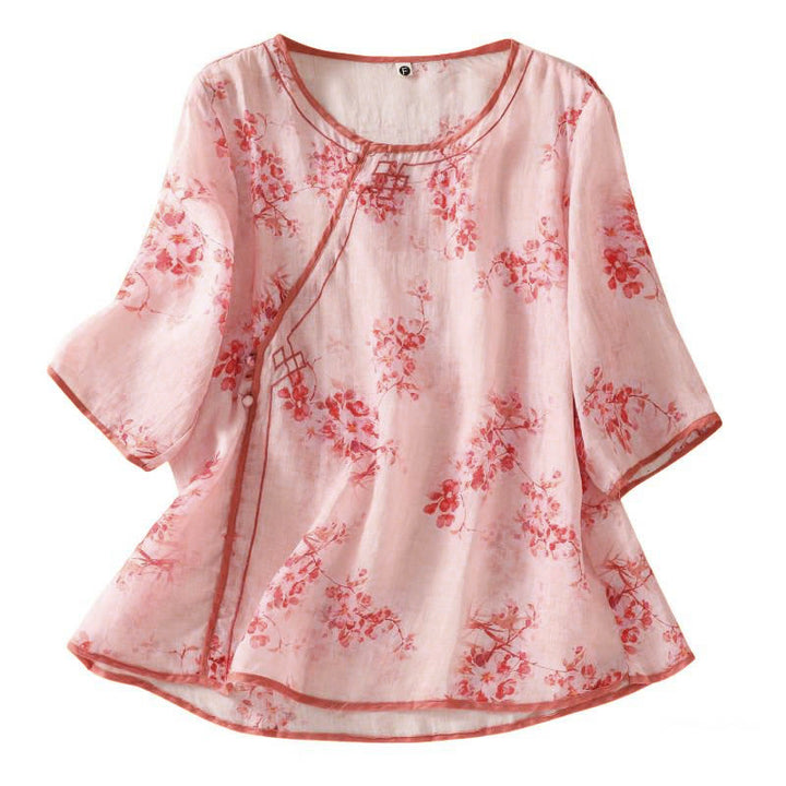 Buddha Stones Camicia da donna estiva a maniche a tre quarti con scollo rotondo e stampa floreale a rana, con bottoni a forma di rana. - image 14