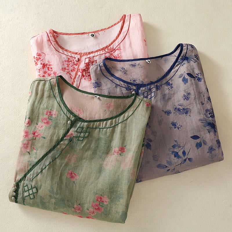 Buddha Stones Camicia da donna estiva a maniche a tre quarti con scollo rotondo e stampa floreale a rana, con bottoni a forma di rana. - image 20