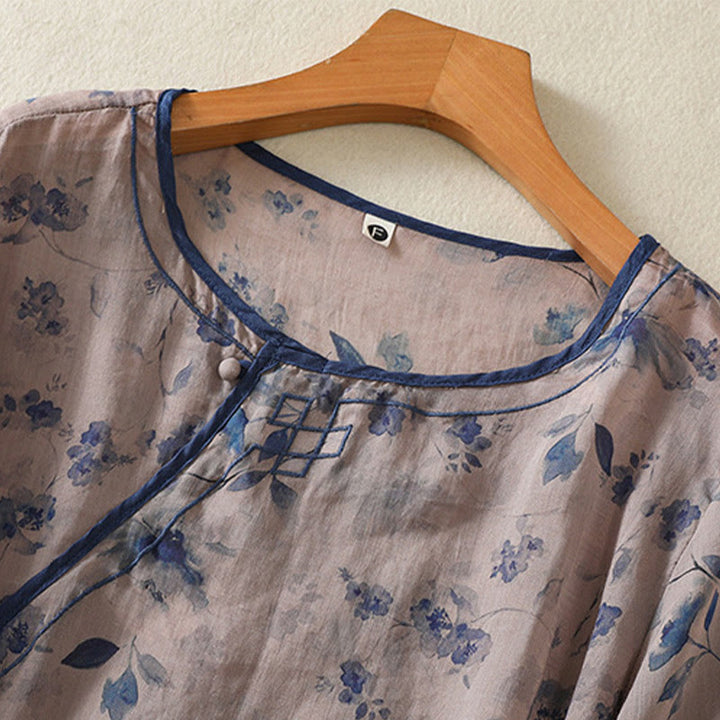 Buddha Stones Camicia da donna estiva a maniche a tre quarti con scollo rotondo e stampa floreale a rana, con bottoni a forma di rana. - image 2