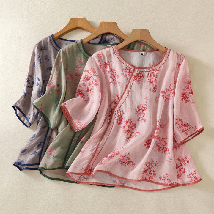 Buddha Stones Camicia da donna estiva a maniche a tre quarti con scollo rotondo e stampa floreale a rana, con bottoni a forma di rana. - image 19