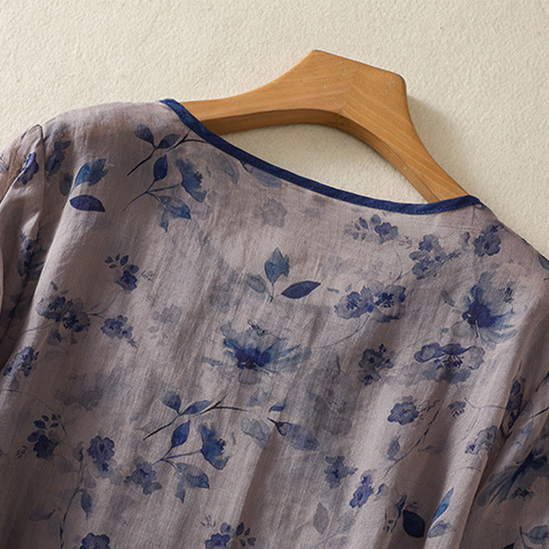 Buddha Stones Camicia da donna estiva a maniche a tre quarti con scollo rotondo e stampa floreale a rana, con bottoni a forma di rana. - image 3