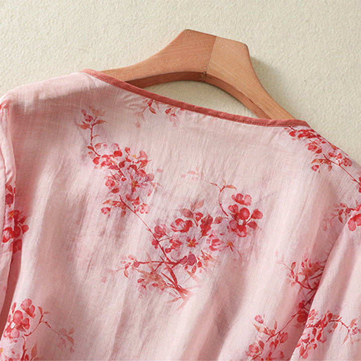 Buddha Stones Camicia da donna estiva a maniche a tre quarti con scollo rotondo e stampa floreale a rana, con bottoni a forma di rana. - image 10