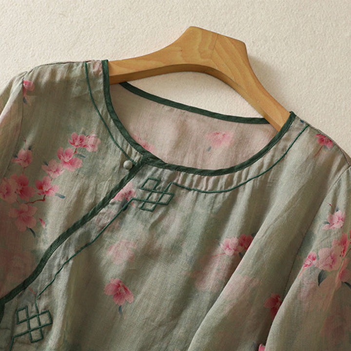 Buddha Stones Camicia da donna estiva a maniche a tre quarti con scollo rotondo e stampa floreale a rana, con bottoni a forma di rana. - image 17