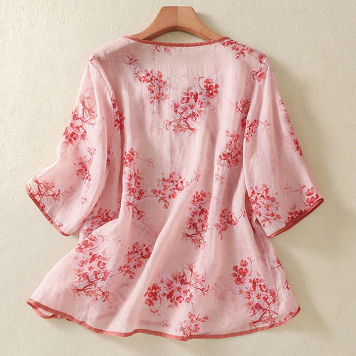Buddha Stones Camicia da donna estiva a maniche a tre quarti con scollo rotondo e stampa floreale a rana, con bottoni a forma di rana. - image 8