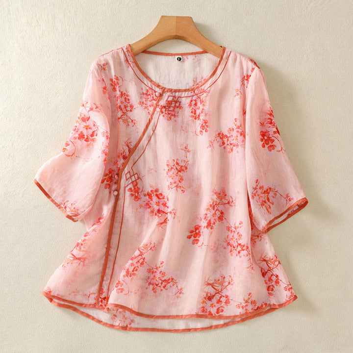Buddha Stones Camicia da donna estiva a maniche a tre quarti con scollo rotondo e stampa floreale a rana, con bottoni a forma di rana. - Rosa chiaro - US8-10, UK/AU12-14, EU40-42 (2XL) - image 7