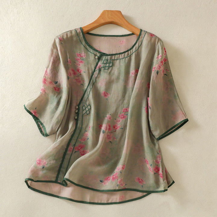 Buddha Stones Camicia da donna estiva a maniche a tre quarti con scollo rotondo e stampa floreale a rana, con bottoni a forma di rana. - Verde Mare Scuro - US8-10, UK/AU12-14, EU40-42 (2XL) - image 15
