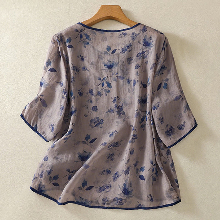Buddha Stones Camicia da donna estiva a maniche a tre quarti con scollo rotondo e stampa floreale a rana, con bottoni a forma di rana. - image 1