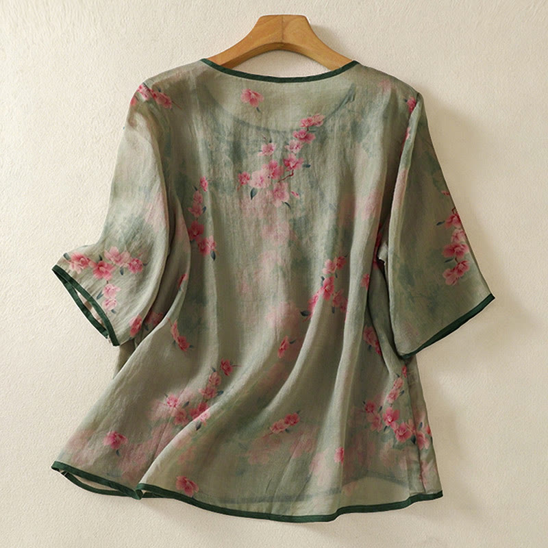 Buddha Stones Camicia da donna estiva a maniche a tre quarti con scollo rotondo e stampa floreale a rana, con bottoni a forma di rana. - image 16