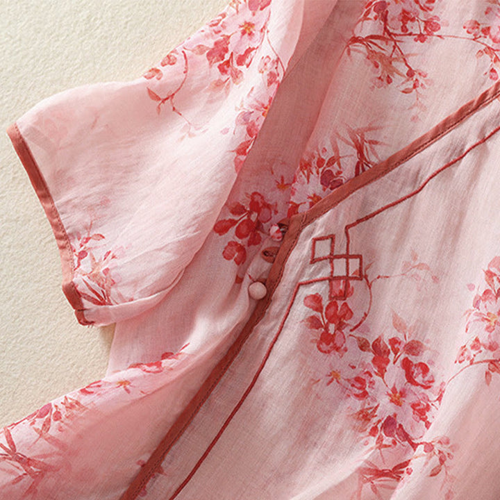 Buddha Stones Camicia da donna estiva a maniche a tre quarti con scollo rotondo e stampa floreale a rana, con bottoni a forma di rana. - image 11