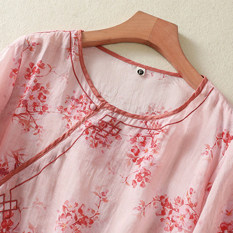 Buddha Stones Camicia da donna estiva a maniche a tre quarti con scollo rotondo e stampa floreale a rana, con bottoni a forma di rana. - image 9