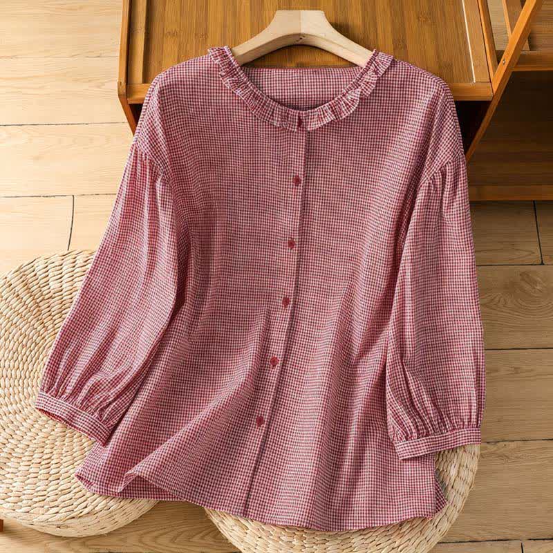 Buddha Stones Camicie da donna a maniche lunghe con bottoni e motivo a quadretti, perfette per la primavera. - Corallo chiaro - US8-10, UK/AU12-14, EU40-42 (2XL) - image 0