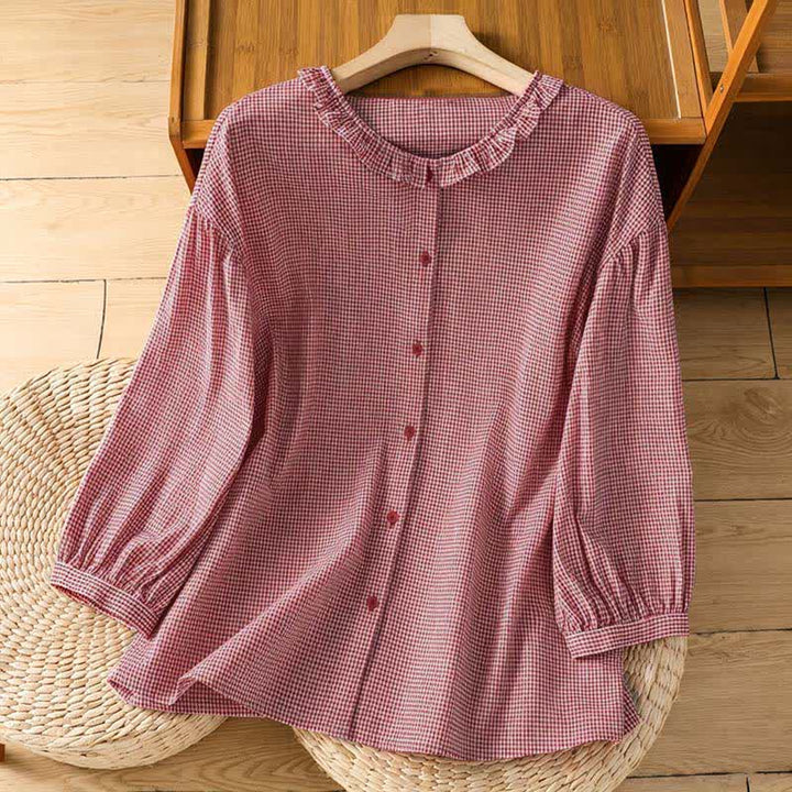 Buddha Stones Camicie da donna a maniche lunghe con bottoni e motivo a quadretti, perfette per la primavera. - Corallo chiaro - US8-10, UK/AU12-14, EU40-42 (2XL) - image 0