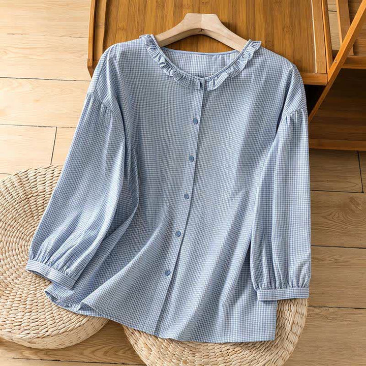 Buddha Stones Camicie da donna a maniche lunghe con bottoni e motivo a quadretti, perfette per la primavera. - Azzurro polvere - US8-10, UK/AU12-14, EU40-42 (2XL) - image 9