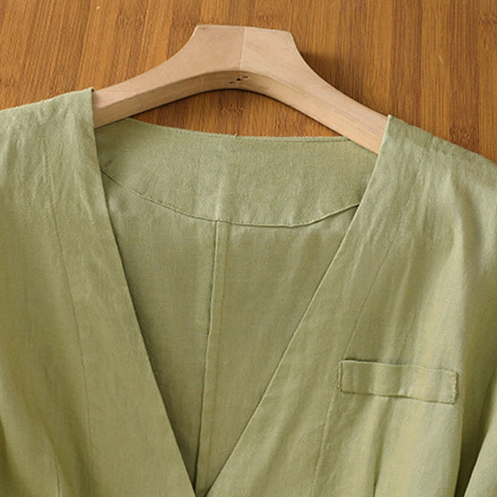Buddha Stones Camicia da donna estiva casual a maniche corte con scollo a V e tasche, tinta unita. - image 2