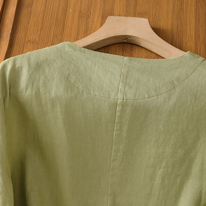 Buddha Stones Camicia da donna estiva casual a maniche corte con scollo a V e tasche, tinta unita. - image 3